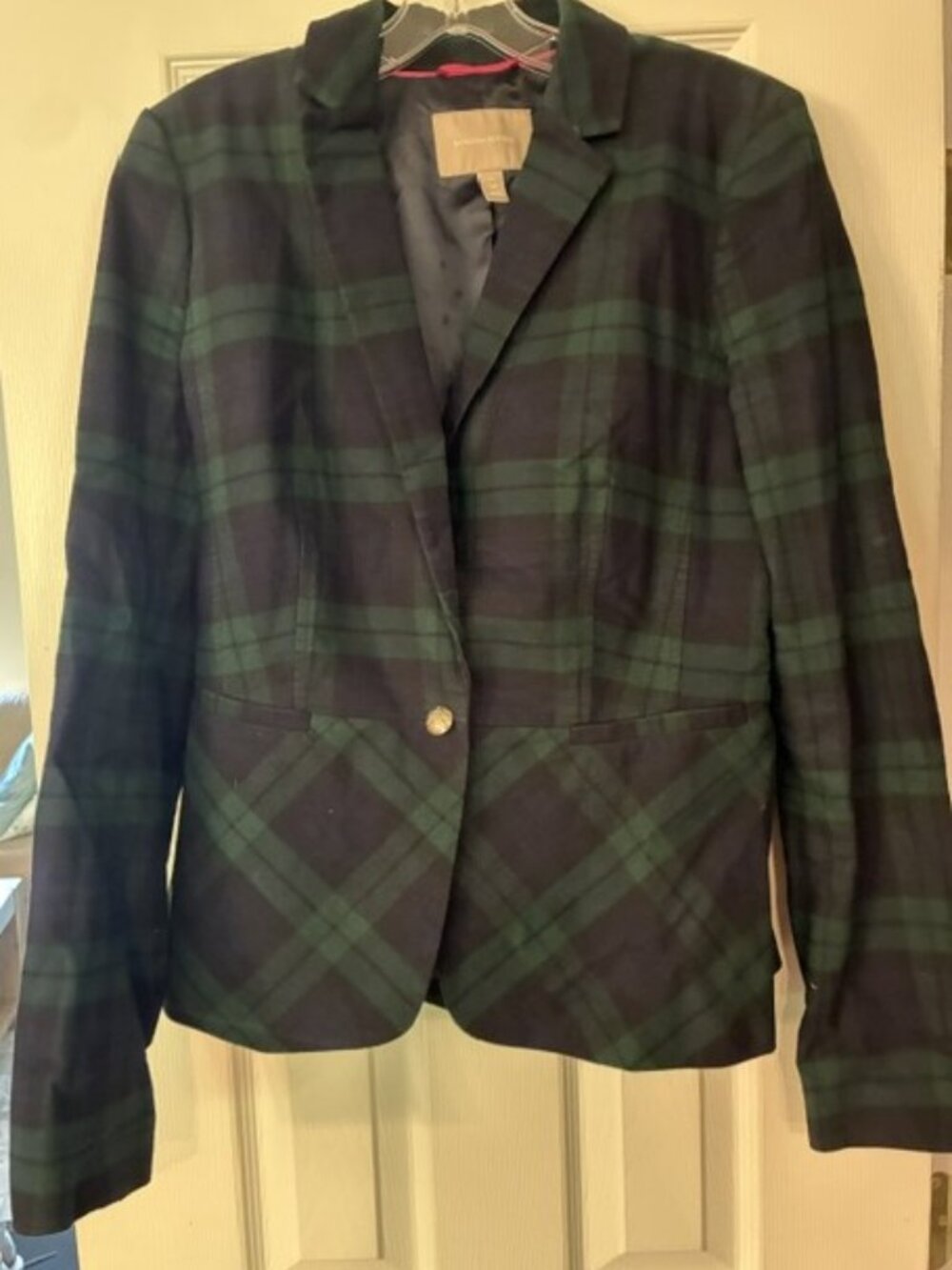Banana Republic Women's Green Blue Plaid Cotton Peplum Jacket Blazer Size 10